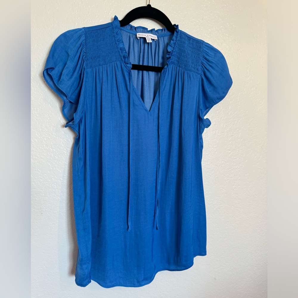 Maison D’Amelie Paris Blue Smocked Flutter Sleeve Blouse